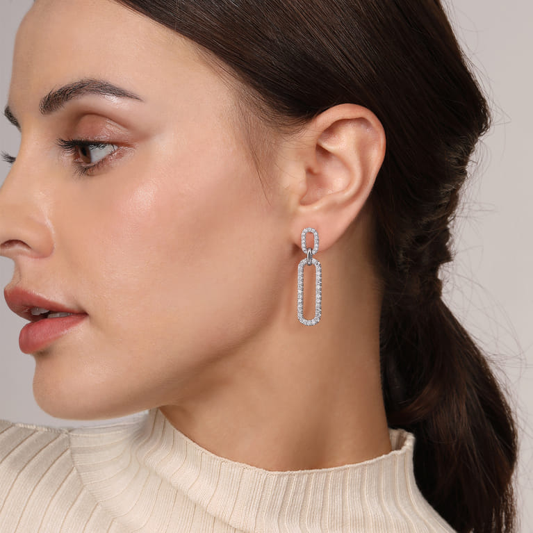 14K White Gold Diamond Link Chain Drop Earrings - 1.2 ct - Shot 2