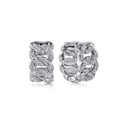 14K White Gold Diamond Link Huggie Earrings