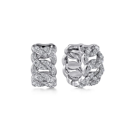 14K White Gold Diamond Link Huggie Earrings