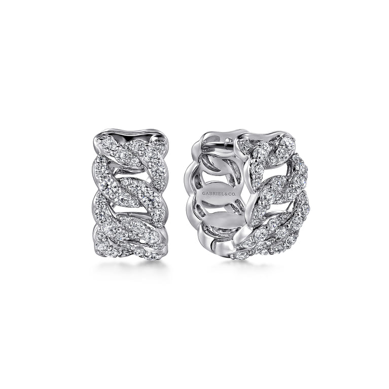 14K White Gold Diamond Link Huggie Earrings - 1 ct - Shot 1