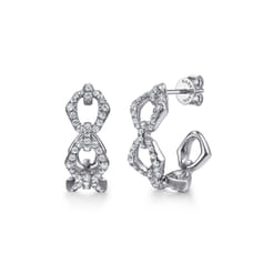 14K White Gold Diamond Link J Hoop Earrings