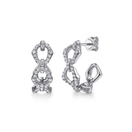 14K White Gold Diamond Link J Hoop Earrings