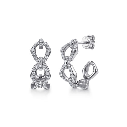 14K White Gold Diamond Link J Hoop Earrings