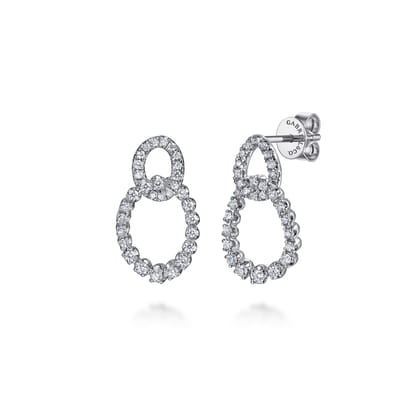 14K White Gold Diamond Link Stud Drop Earrings