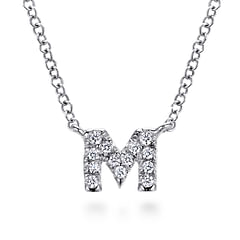 14K White Gold Diamond M Initial Pendant Necklace