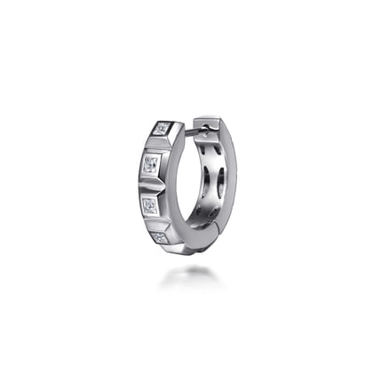 14K White Gold Diamond Mens Angular Cuts Single Huggie Earring