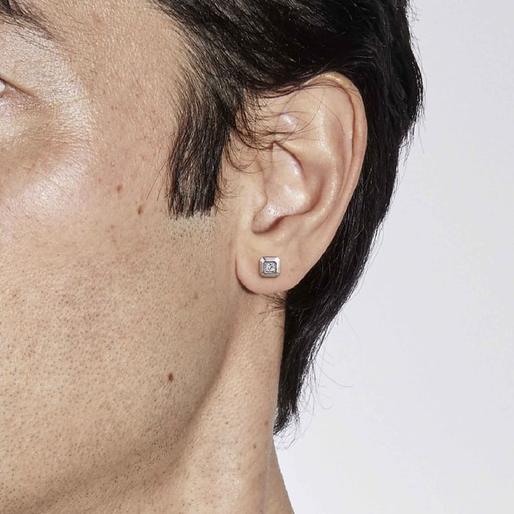14K White Gold Diamond Mens Angular Cuts Single Stud Earring