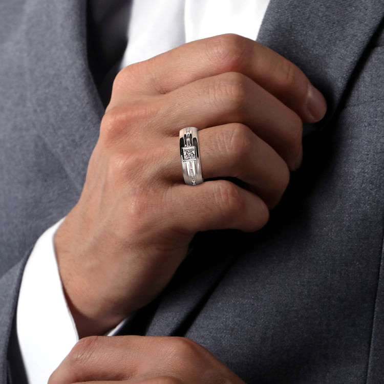 14K White Gold Diamond Mens Engagement Ring in High Polished Finish
