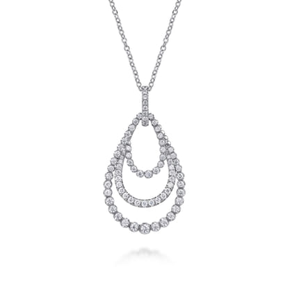14K White Gold Diamond Multi Row Teardrop Drop Necklace