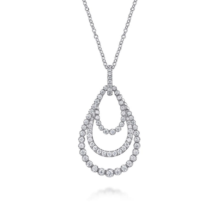 14K White Gold Diamond Multi Row Teardrop Drop Necklace - 1.1 ct - Shot 1