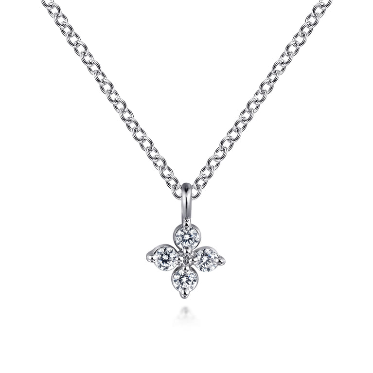 14K White Gold Diamond Necklace W Flower Shape - 0.09 ct - Shot 1