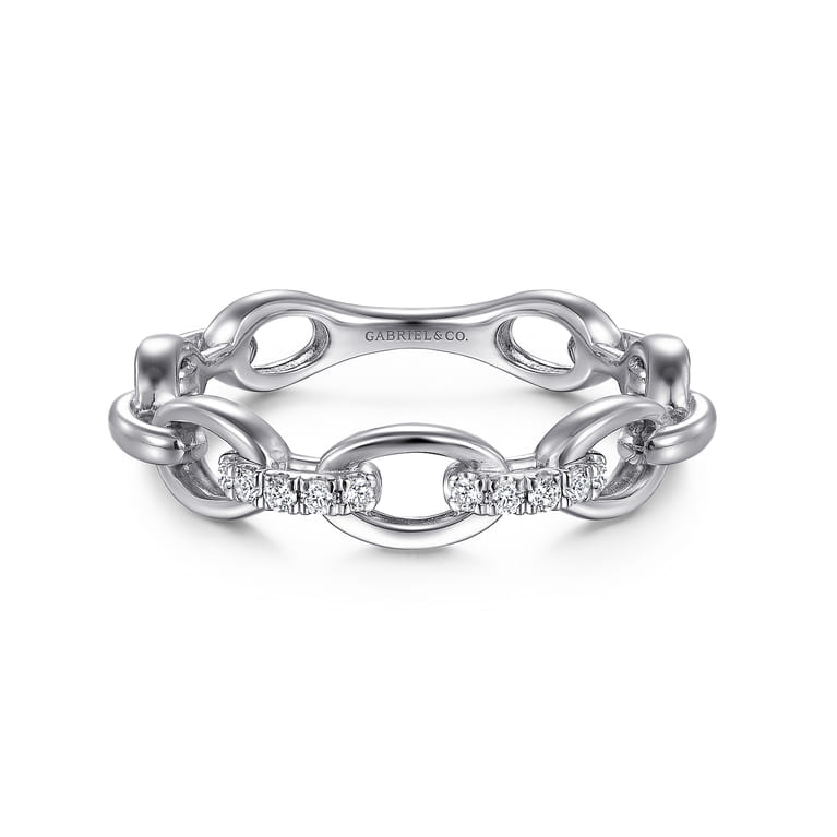 14K White Gold Diamond Oval Link Chain Ladies Ring - 0.06 ct - Shot 1