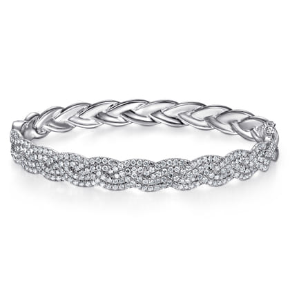 14K White Gold Diamond Pave Braided Bangle