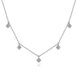 14K White Gold Diamond Pave Clover Drop Necklace