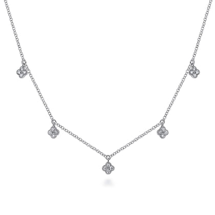 14K White Gold Diamond Pave Clover Drop Necklace
