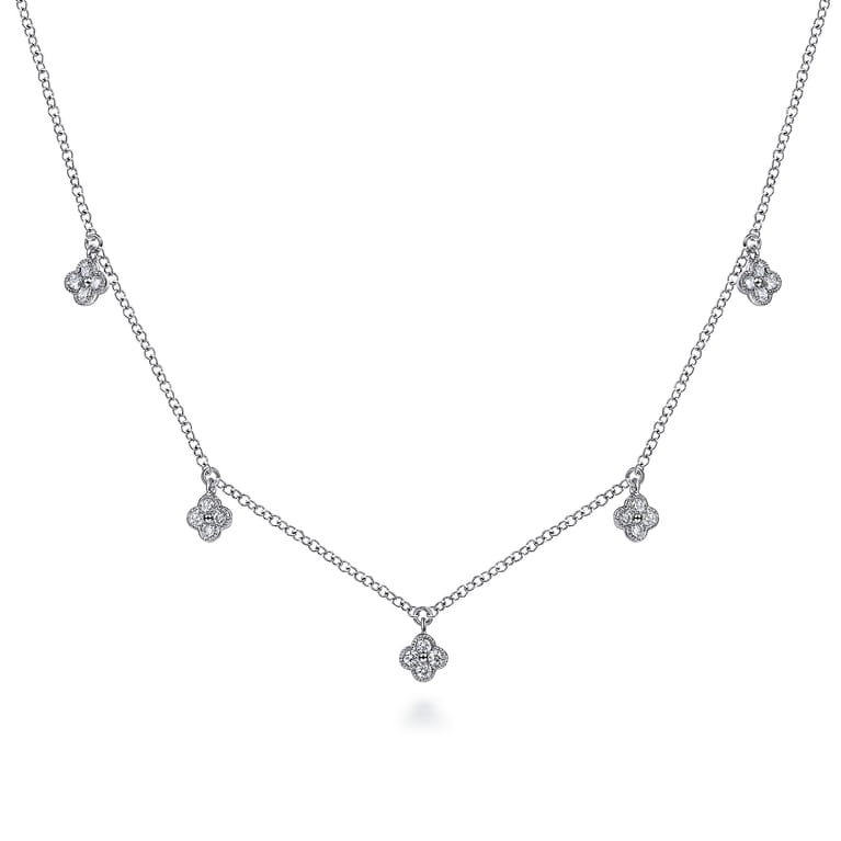 14K White Gold Diamond Pave Clover Drop Necklace - 0.25 ct - Shot 1