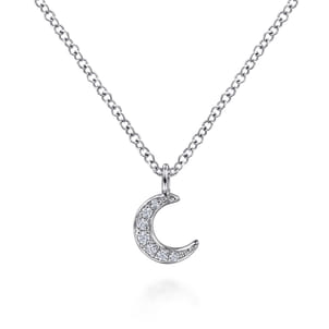 14K White Gold Diamond Pave Crescent Moon Pendant Necklace
