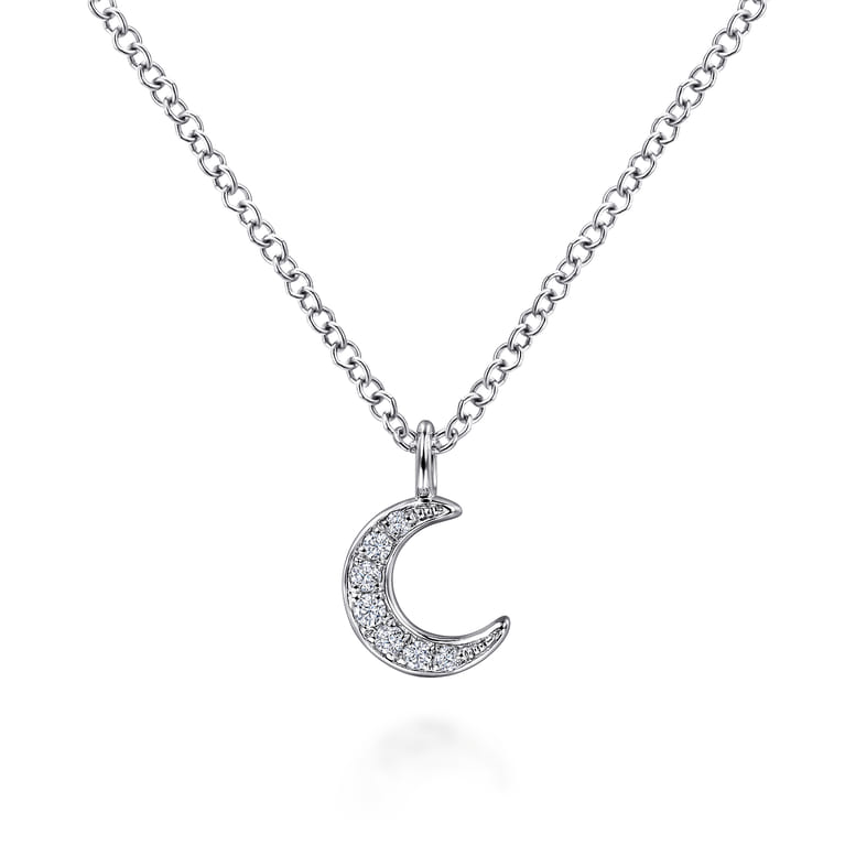 14K White Gold Diamond Pave Crescent Moon Pendant Necklace - 0.04 ct - Shot 1