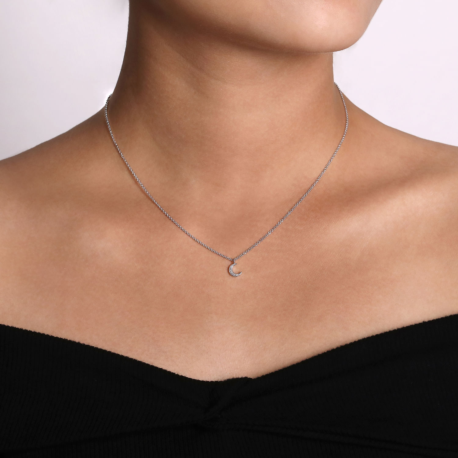 14K White Gold Diamond Pave Crescent Moon Pendant Necklace