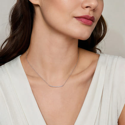 14K White Gold Diamond Pave Curved Bar Necklace