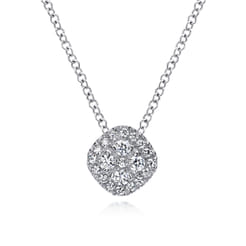 14K White Gold Diamond Pave Cushion Pendant Necklace