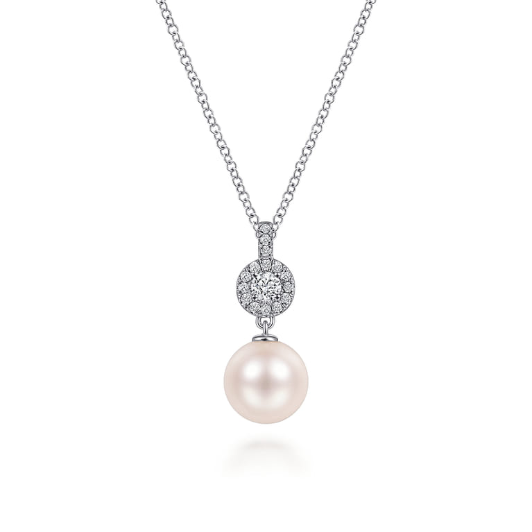 14K White Gold Diamond Pave Halo and Pearl Drop Pendant Necklace - 0.18 ct - Shot 1