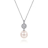 14K White Gold Diamond Pave Halo and Pearl Drop Pendant Necklace - 0.18 ct