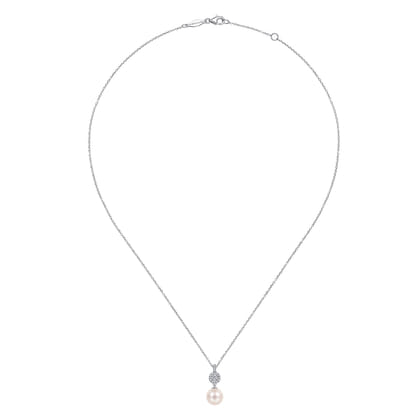 14K White Gold Diamond Pave Halo and Pearl Drop Pendant Necklace