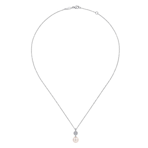 14K White Gold Diamond Pave Halo and Pearl Drop Pendant Necklace - 0.18 ct - Shot 2