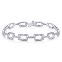 14K White Gold Diamond Pave Rectangular Link Tennis Bracelet