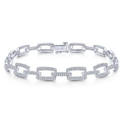 14K White Gold Diamond Pave Rectangular Link Tennis Bracelet
