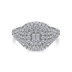 14K White Gold Diamond Pave Ring with Baguette Center