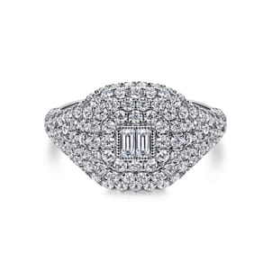 14K White Gold Diamond Pave Ring with Baguette Center