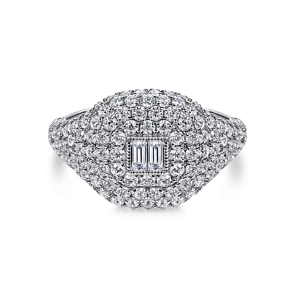 14K White Gold Diamond Pave Ring with Baguette Center