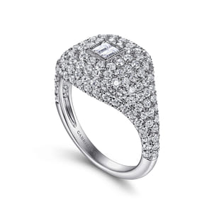 14K White Gold Diamond Pave Ring with Baguette Center