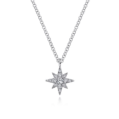 14K White Gold Diamond Pave Starburst Pendant Necklace