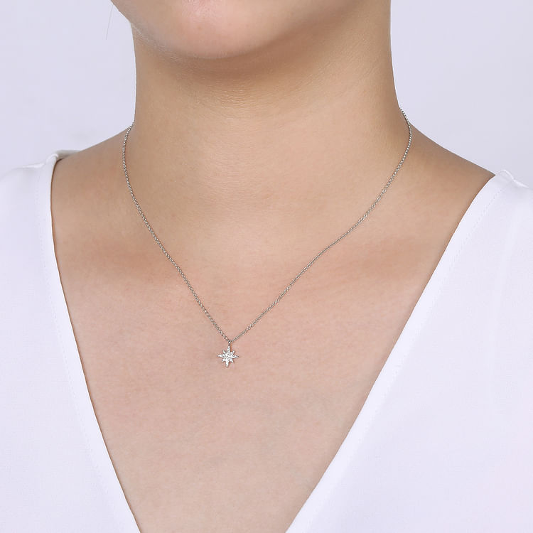 14K White Gold Diamond Pave Starburst Pendant Necklace