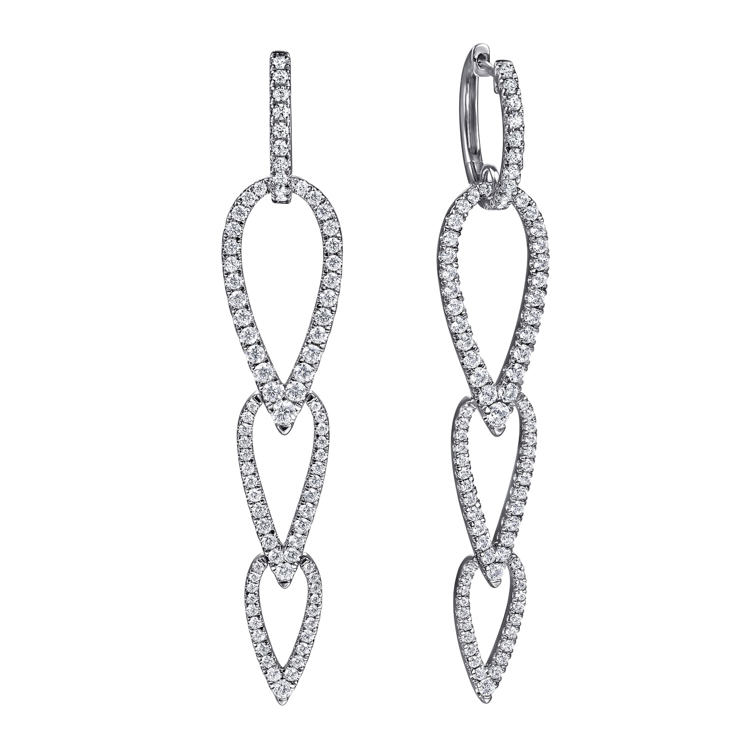 14K White Gold Diamond Pear Shape Huggie Drop Earrings