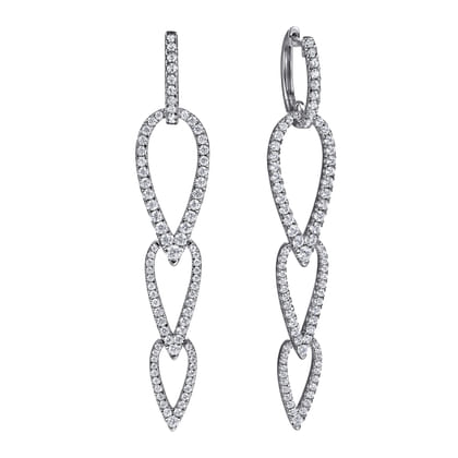 14K White Gold Diamond Pear Shape Huggie Drop Earrings