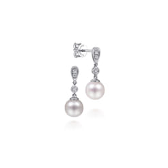 14K White Gold Diamond Pearl Drop Earrings