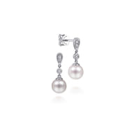 14K White Gold Diamond Pearl Drop Earrings