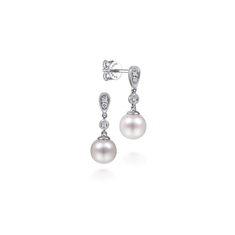 14K White Gold Diamond Pearl Drop Earrings - 0.07 ct - Shot 1