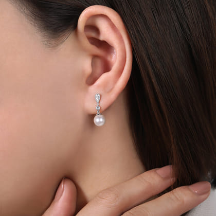 14K White Gold Diamond Pearl Drop Earrings