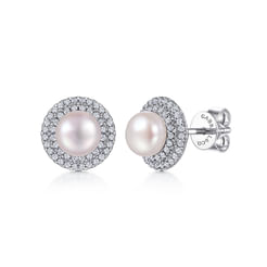14K White Gold Diamond  Pearl Earrings