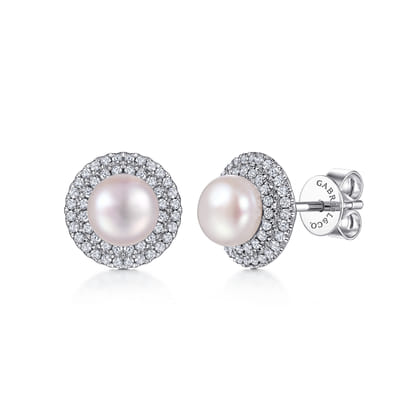 14K White Gold Diamond  Pearl Earrings