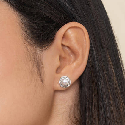 14K White Gold Diamond  Pearl Earrings