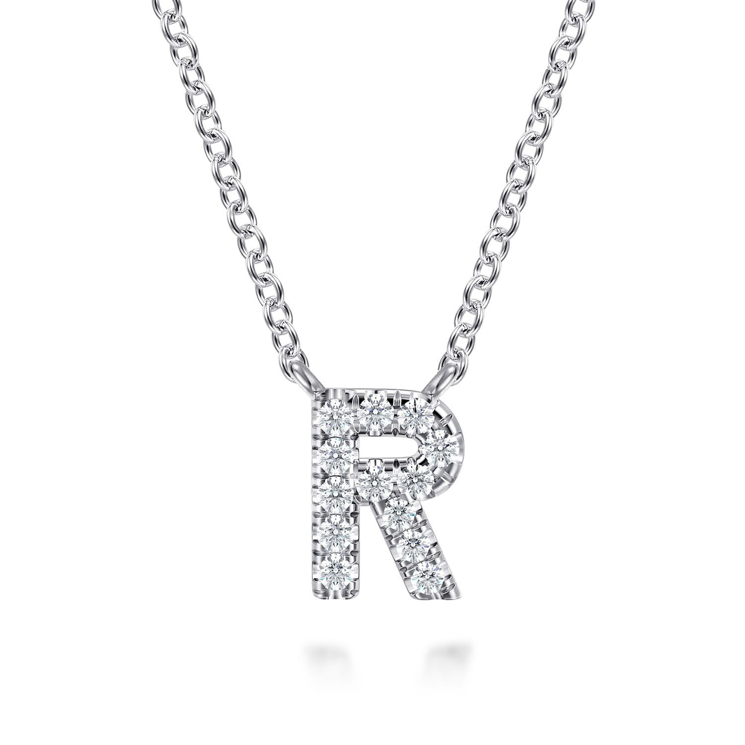 14K White Gold Diamond R Initial Pendant Necklace
