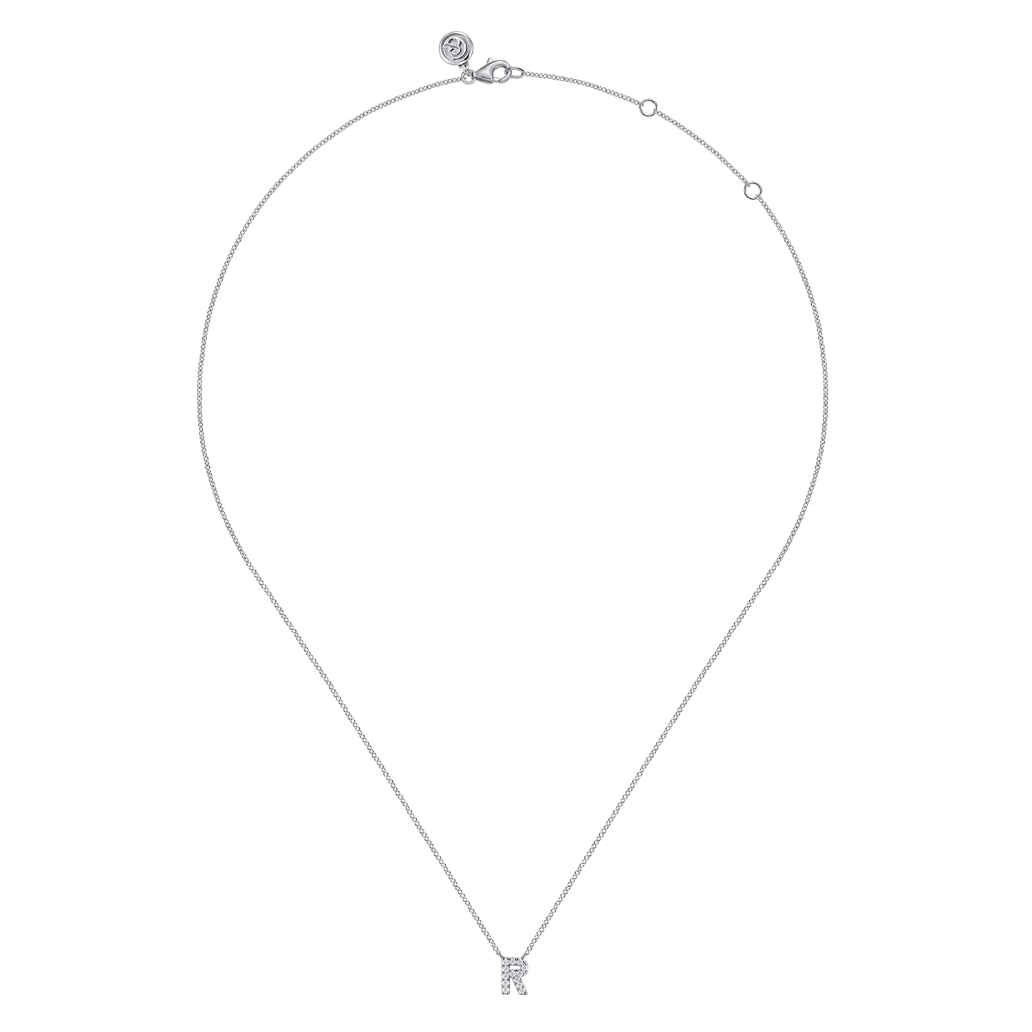 14K White Gold Diamond R Initial Pendant Necklace