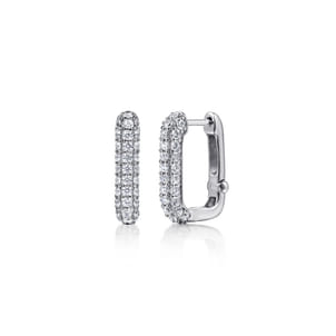 14K White Gold Diamond Rectangle Huggie Earrings