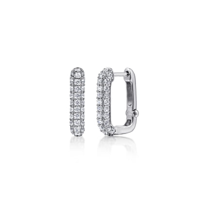 14K White Gold Diamond Rectangle Huggie Earrings